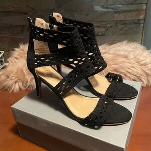 Adam Tucker Me Too Black back- zip sandals with 3” heel